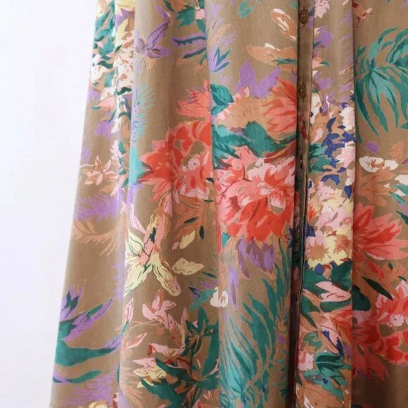 Vintage 1980s/1990s Tan Tropical Floral Belted Midi Dress Small/Medium - Picture 7 of 8